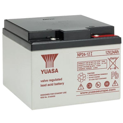 Yuasa NP24-12 Battery 12 Volt 24 Ah, colour of battery is grey with red writing.