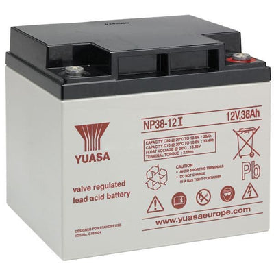 Yuasa NP38-12 Battery 12 Volt 38 Ah, colour of battery is grey with red writing.