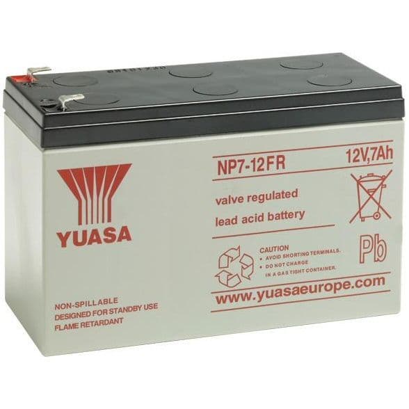 Yuasa NP7-12FR Battery 12 Volt 7 Ah, colour of battery is grey with red writing.