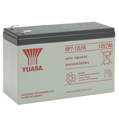 Yuasa NP7-12LFR Battery 12 Volt 7 Ah, colour of battery is grey with red writing.