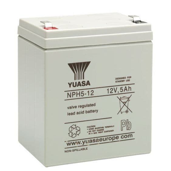 Yuasa NPH5-12 Battery white in colour with red writing stating the battery is 12 volts 5 amps per hour